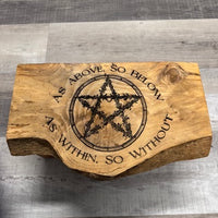 Live Edge Engraved Altar Table with Pentacle & "As Above, So Below, As Within, So Without"-Earth Fairy Holistics