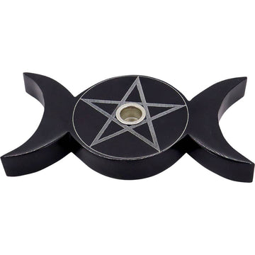 Soapstone Mini Candle Holder Triple Moon w/ Pentacle - Black-Earth Fairy Holistics