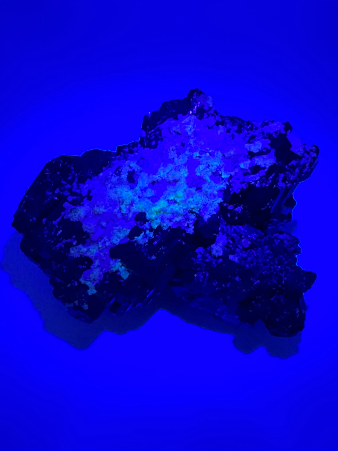 Black Tourmaline Cluster Specimen w/Fluorescent Hyalite Opal - AA Grade-Earth Fairy Holistics