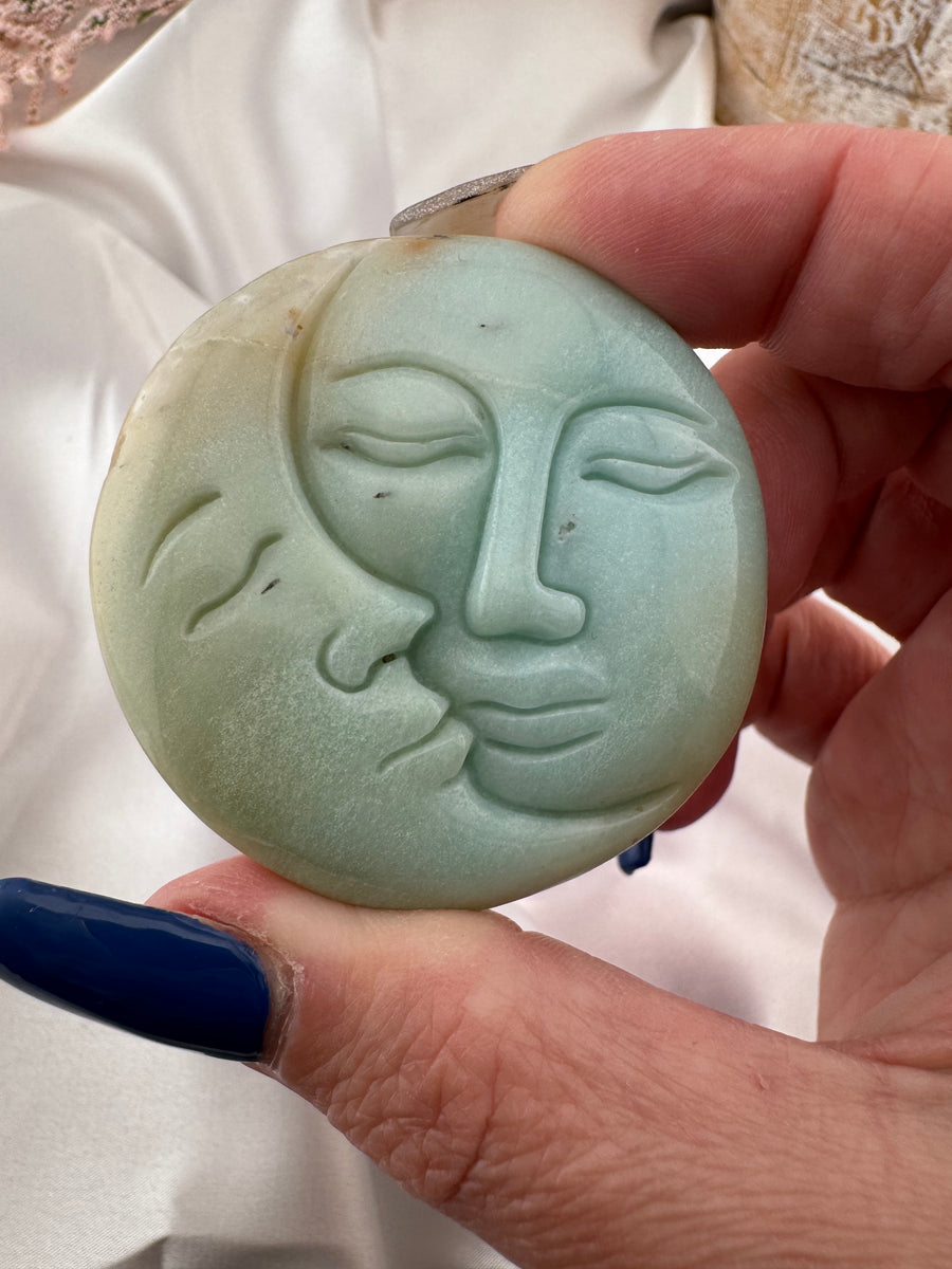 Caribbean Calcite Sun Moon Face Carving-Handmade Naturals Inc