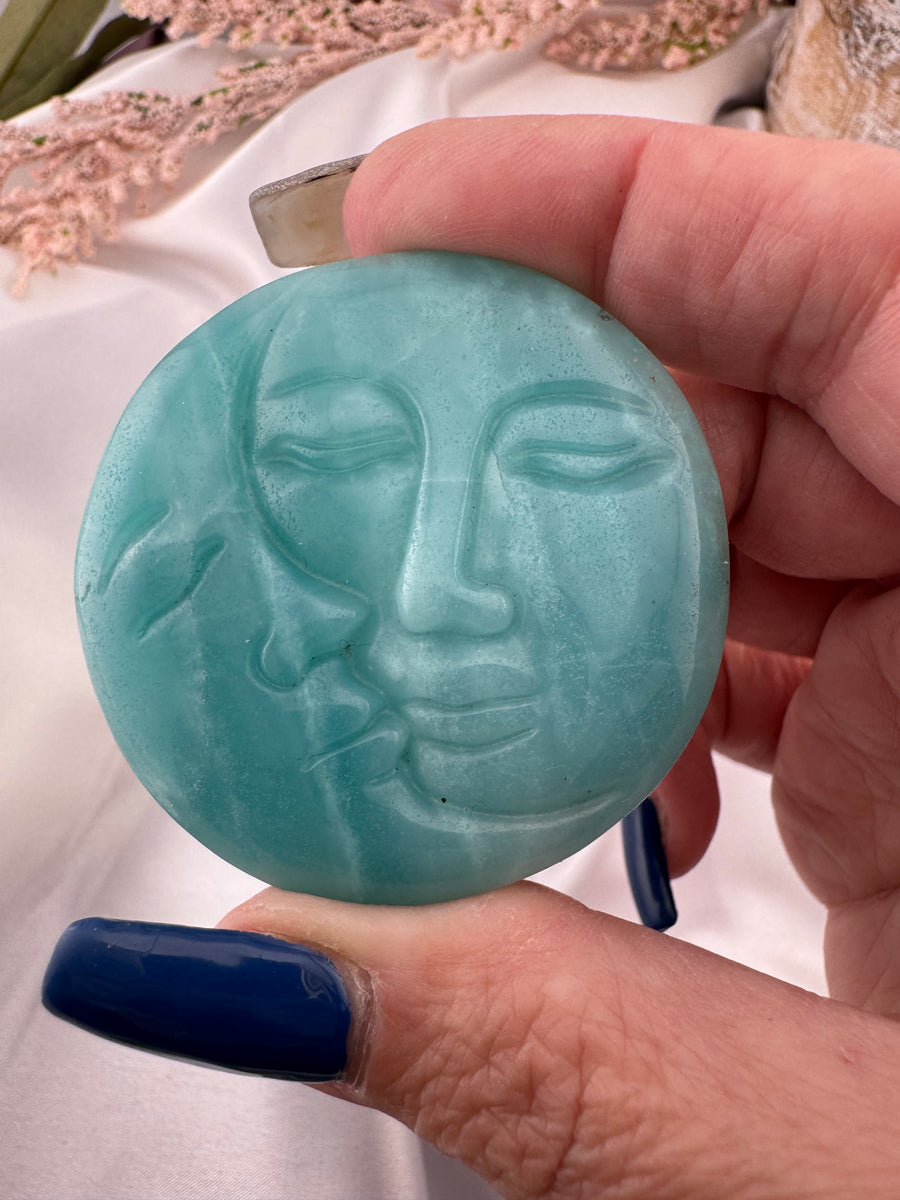 Caribbean Calcite Sun Moon Face Carving-Handmade Naturals Inc