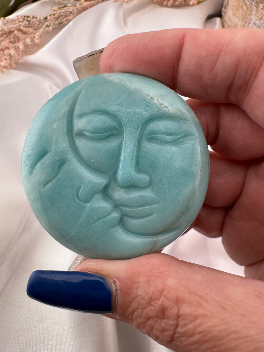 Caribbean Calcite Sun Moon Face Carving-Handmade Naturals Inc