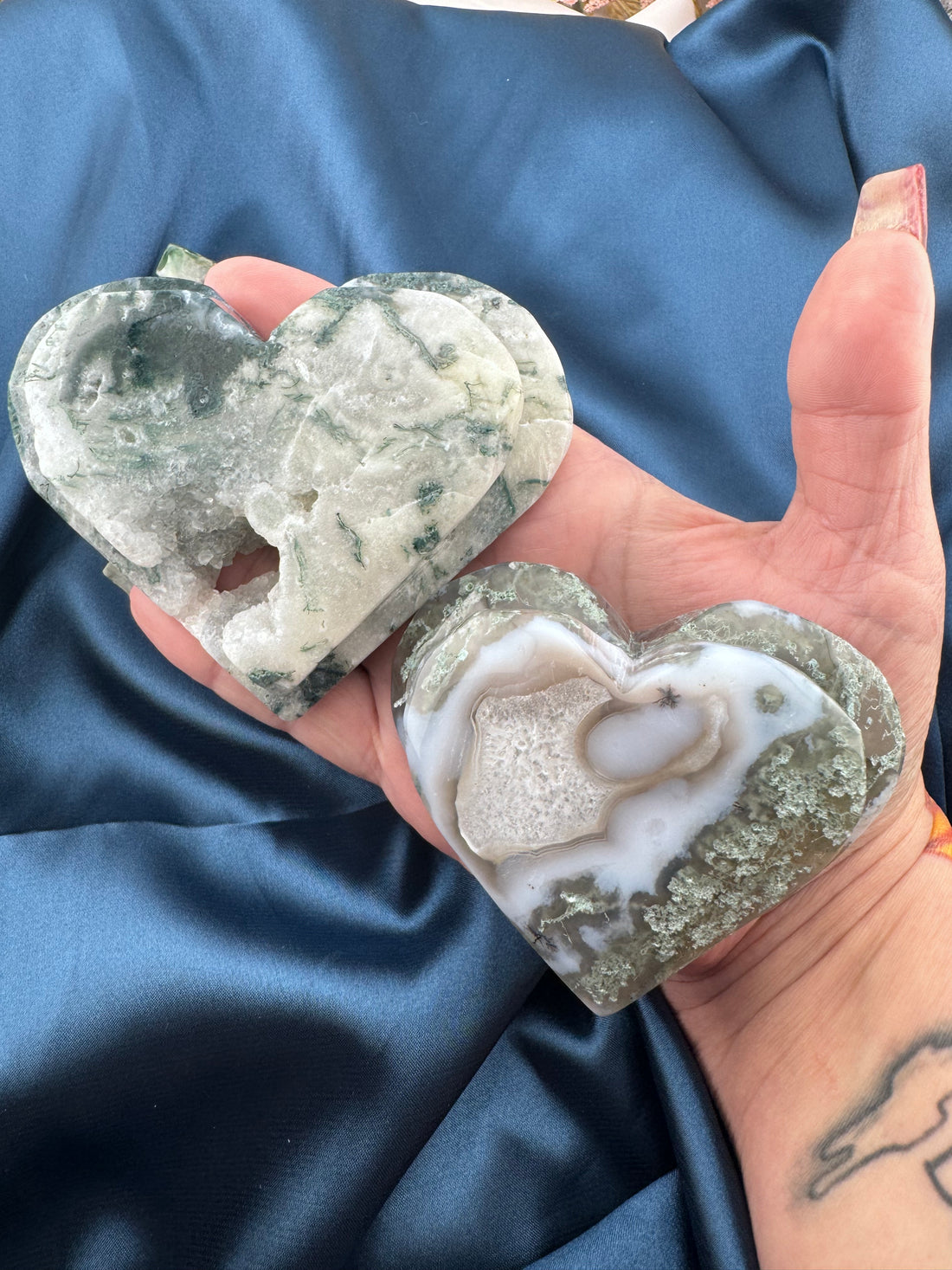 Moss Agate Double Heart Carving-Earth Fairy Holistics