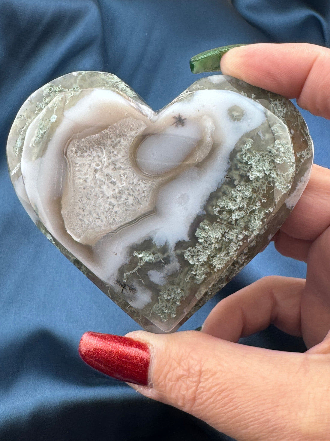 Moss Agate Double Heart Carving-Handmade Naturals Inc