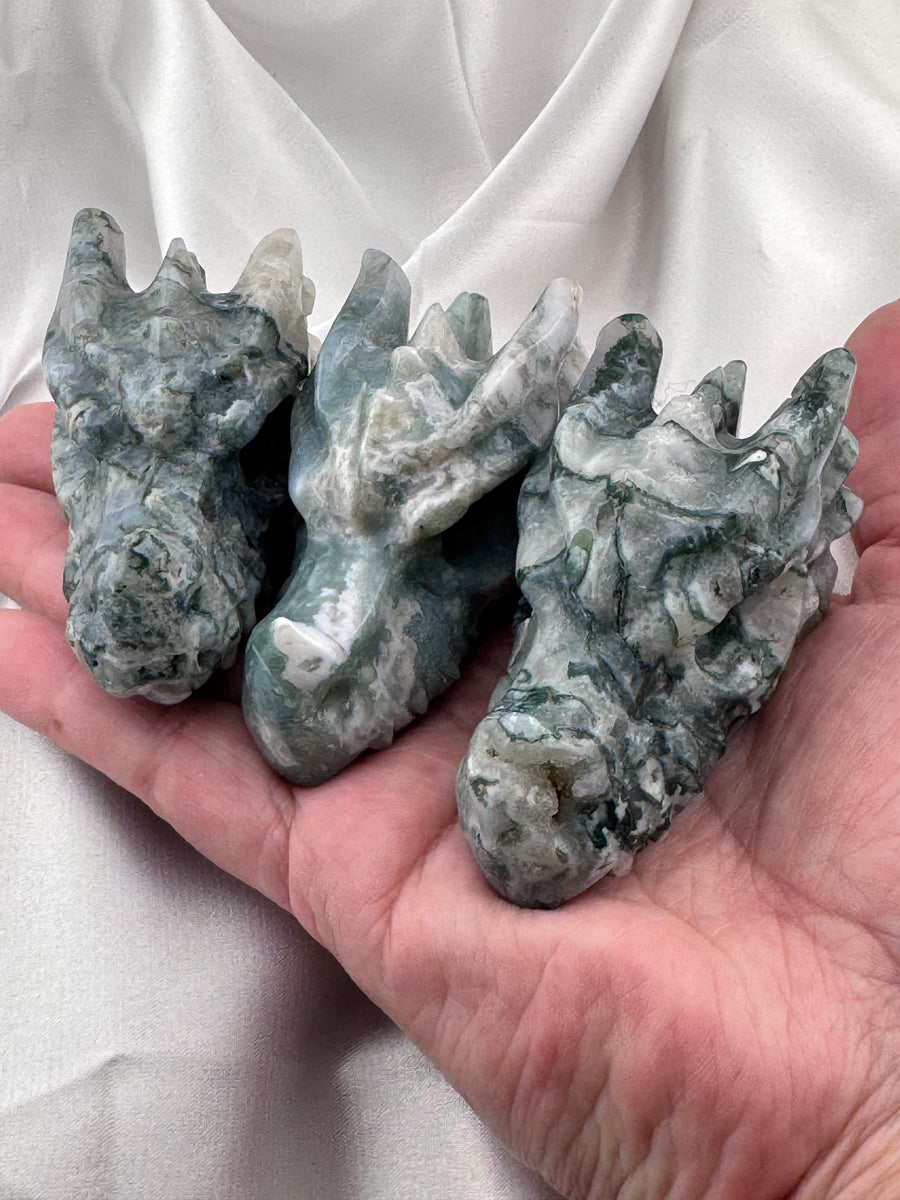 Moss Agate Dragon Head Carving-Handmade Naturals Inc