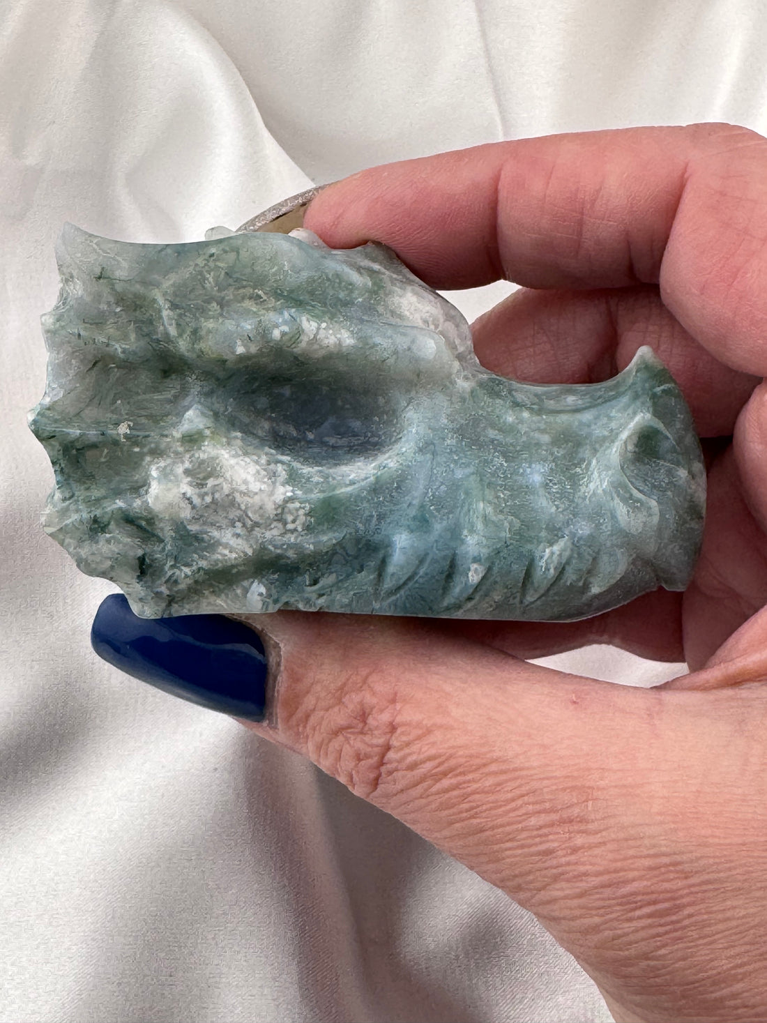 Moss Agate Dragon Head Carving-Handmade Naturals Inc