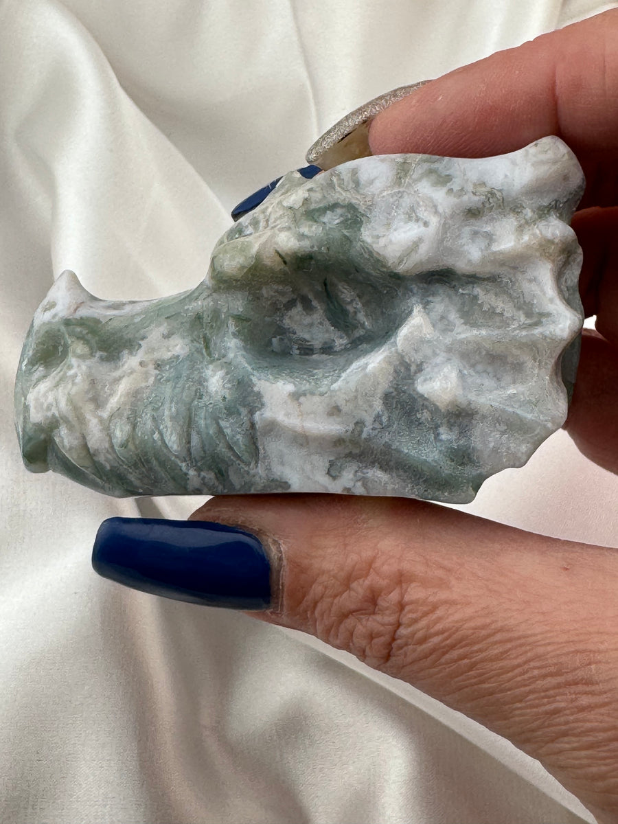 Moss Agate Dragon Head Carving-Handmade Naturals Inc