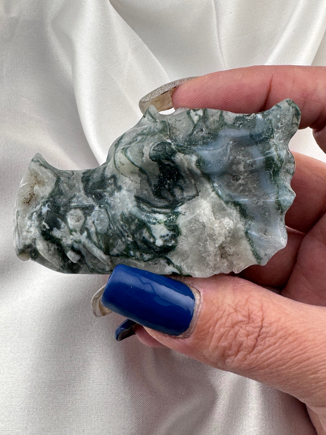 Moss Agate Dragon Head Carving-Handmade Naturals Inc