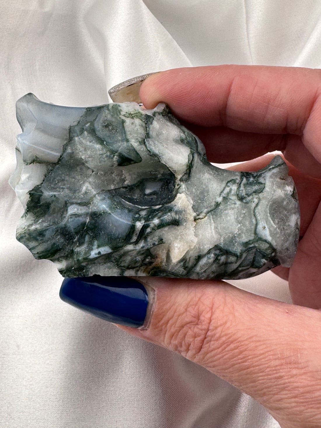 Moss Agate Dragon Head Carving-Handmade Naturals Inc